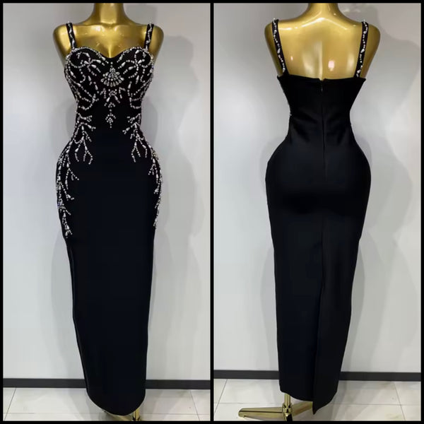 Women Sleeveless Black Beaded Rhinestone Patchwork Dress