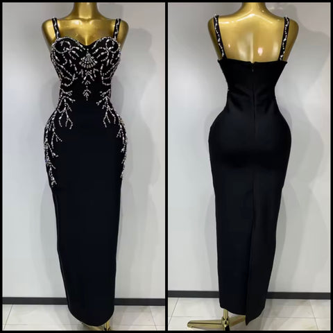 Women Sleeveless Black Beaded Rhinestone Patchwork Dress