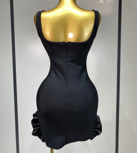 Women Black Sexy Sleeveless Crystal Floral Ruffled Dress