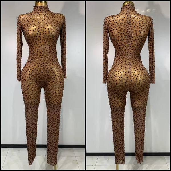Women Sexy Leopard Print Beaded See Through Jumpsuit