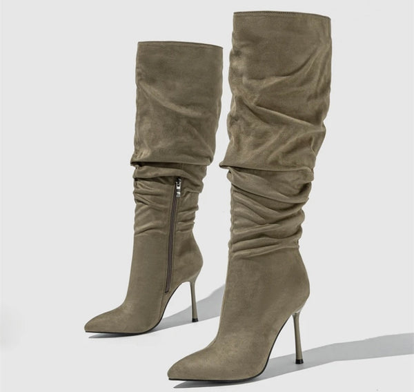 Women Fashion Ruched Pointed Toe Knee High Boots