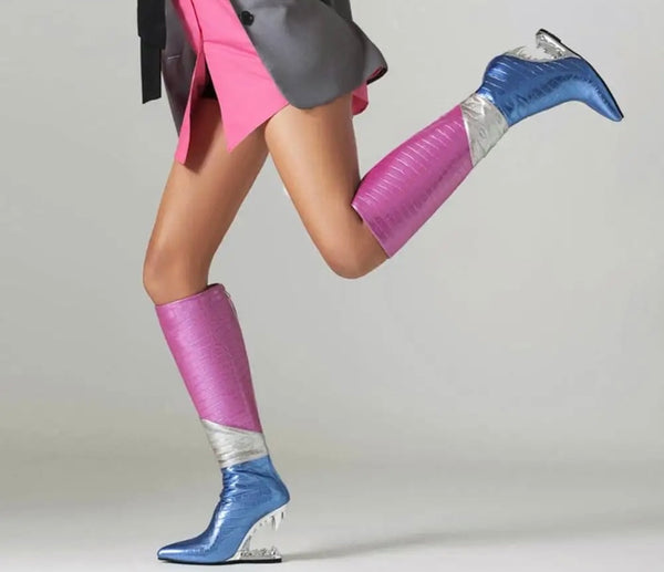 Women Fashion PU Multicolored Platform Wedge Knee High Boots