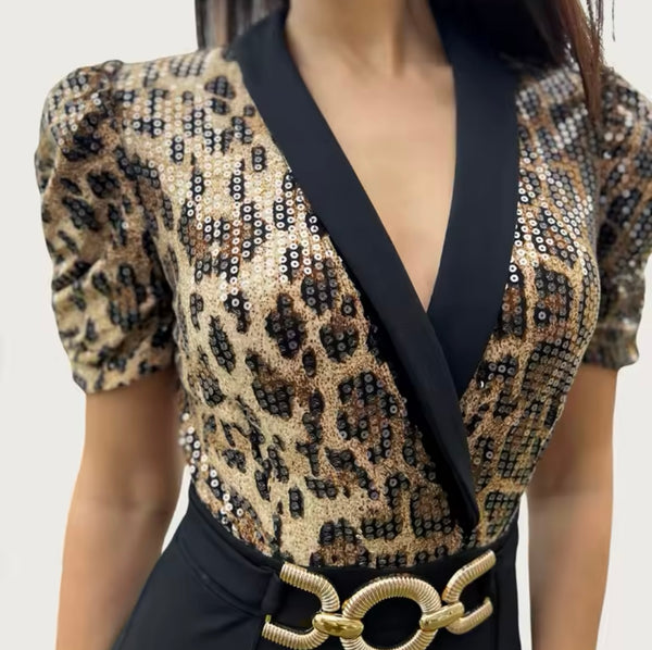 Women Sexy V-Neck Short Sleeve Leopard Patchwork Jumpsuit