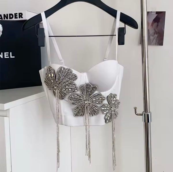 Women Fashion Sleeveless Floral Rhinestone Tassel Top