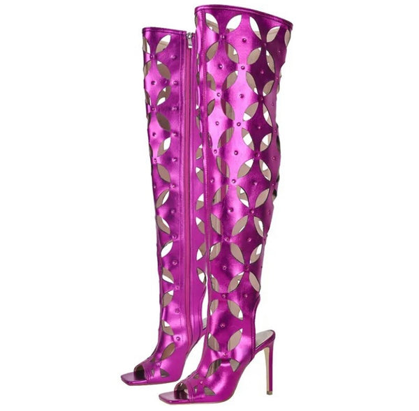 Women Open Toe Hollow Out Fashion Knee High Boots