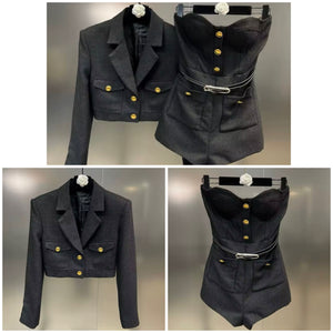 Women Black Button Up Tweed Two Piece Blazer Romper Set