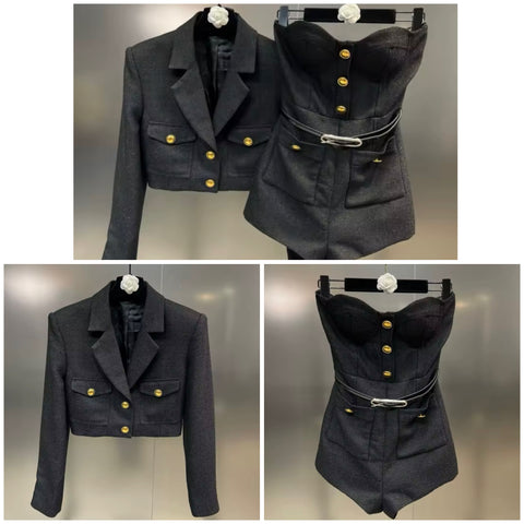 Women Black Button Up Tweed Two Piece Blazer Romper Set