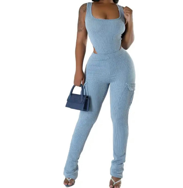 Women Sexy Sleeveless Ribbed Bodysuit Two Piece Pant Set