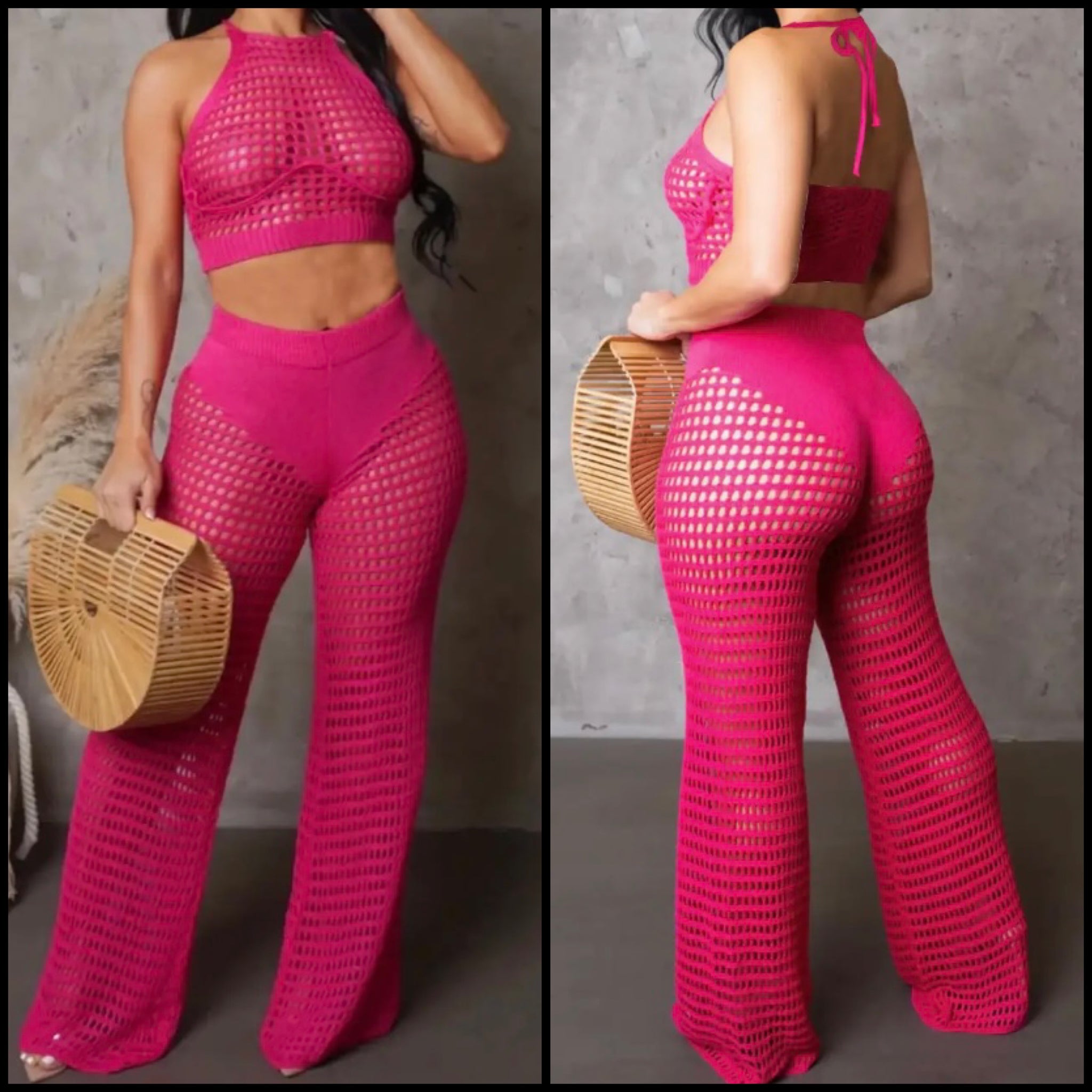 Women Pink Sexy Sleeveless Knitted Two Piece Pant Set