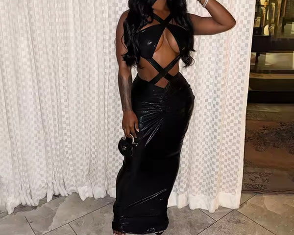 Women Sexy Halter Criss Cross Cut Out PU Ruche Maxi Dress