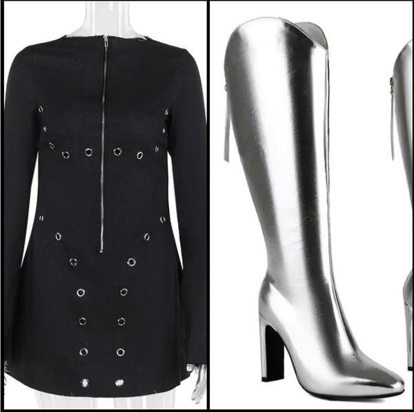 Women Sexy Black Zip Up Rivet Full Sleeve Dress