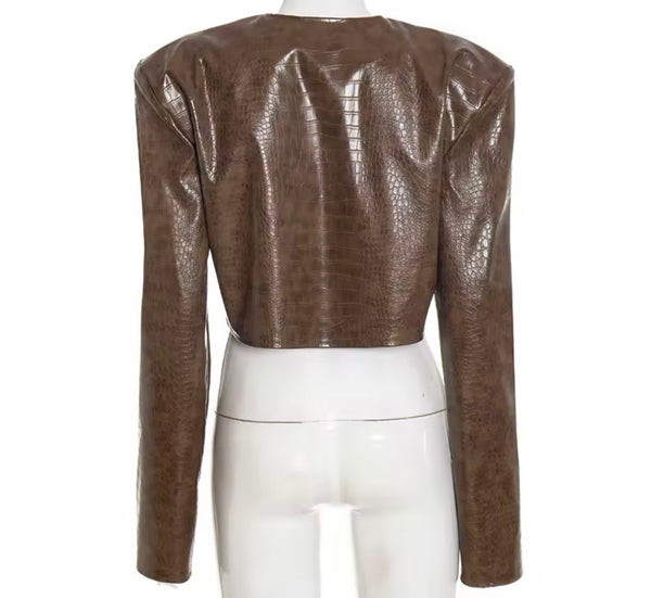 Women Fashion Gold Button Faux Leather Crop Jacket