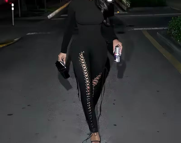 Women Color Full Sleeve Cut Out Tie Up Fashion Jumpsuit