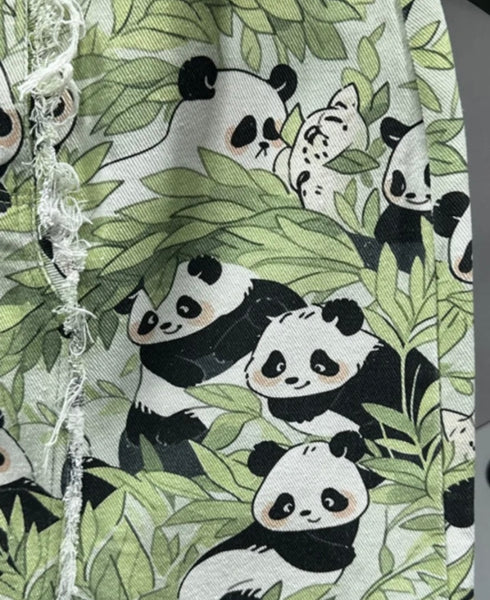 Women Fashion Panda Print Denim Long Skirt
