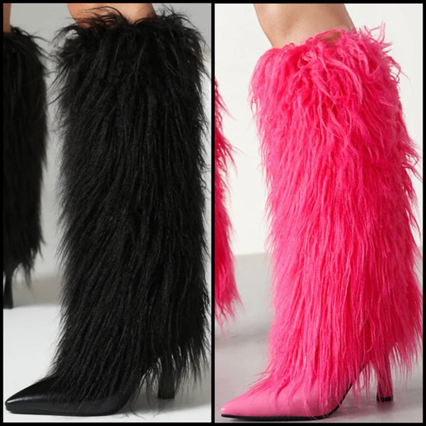 Women Color Fashion Faux Fur Knee High Boots