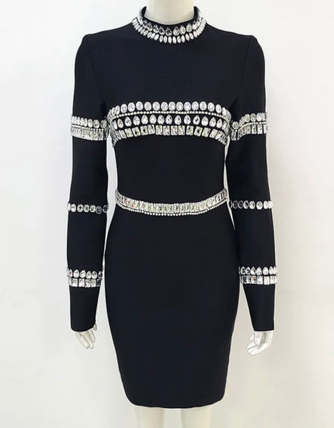 Women Sexy Long Sleeve Black Crystal Rhinestone Dress