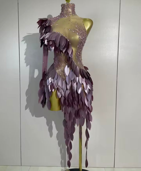 Women Purple One Shoulder Sequins Rhinestone Mesh Dress