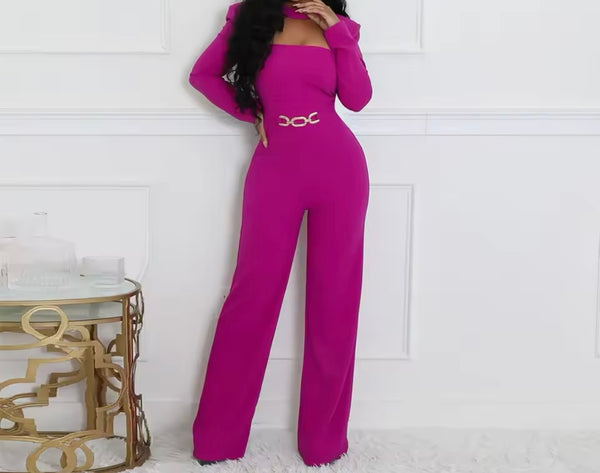 Women Sexy Solid Color Choker Full Sleeve Waist Chain Jumpsuit