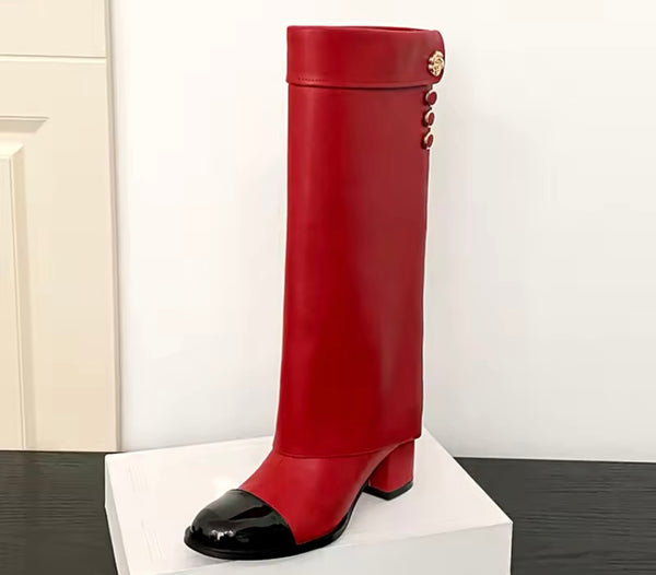 Women Fashion Faux Leather Gold Button Knee High Boots