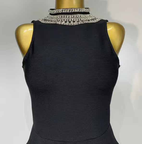 Women Black Sleeveless Open Back Rhinestone Maxi Dress