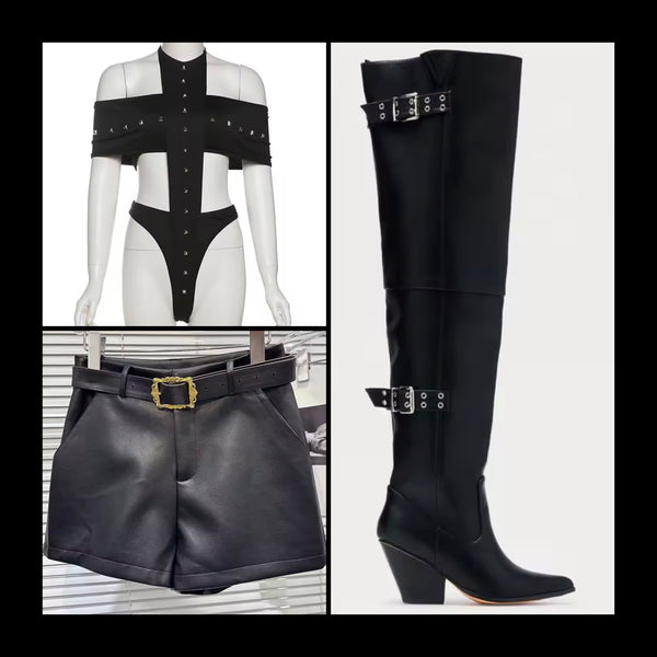Women Black Buckled Fashion Over The Knee Western Boots