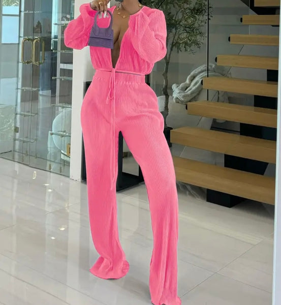 Women Sexy Solid Color Tie Up Full Sleeve Two Piece Pant Set