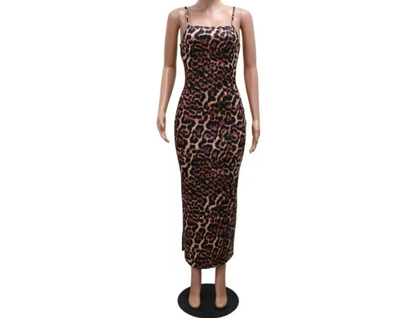 Women Sexy Leopard Faux Fur Full Sleeve Two Piece Maxi Dress