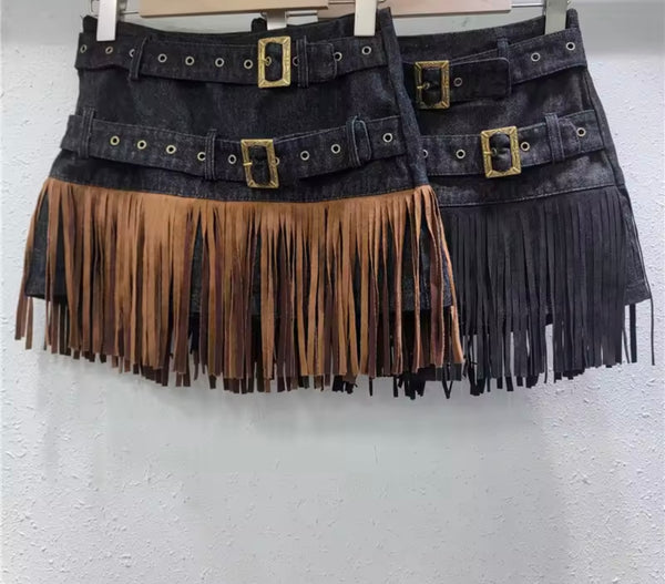 Women Fashion Buckled Fringe Tassel Denim Skirt