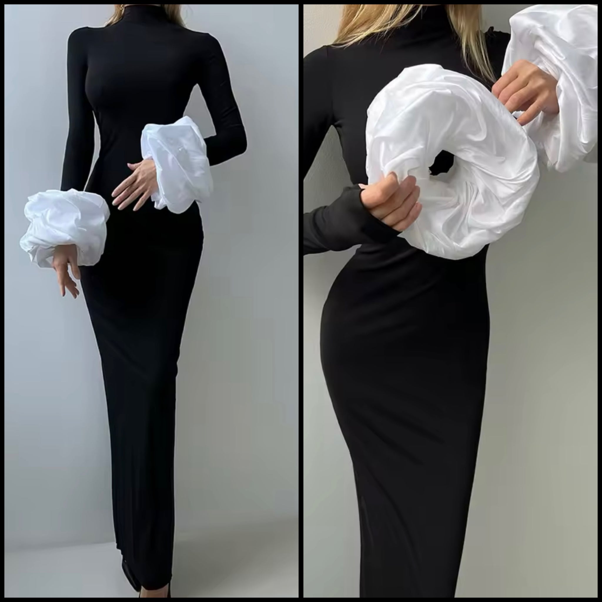 Women Sexy B&W Turtleneck Full Detachable Cuff Sleeve Maxi Dress