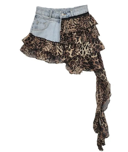 Women Sexy Fashion Leopard Print Asymmetrical Denim Skirt