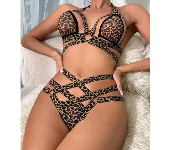 Women Sexy Leopard Mesh Lingerie Set