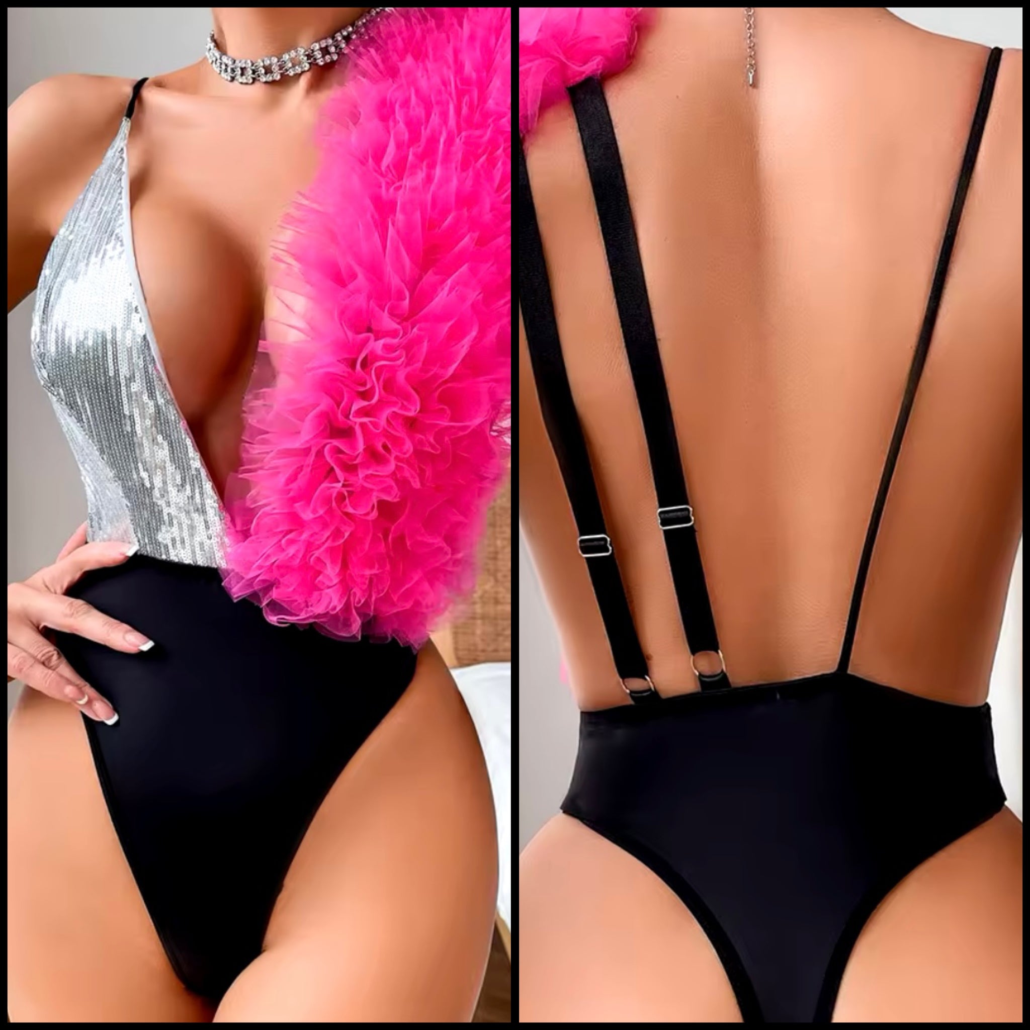 Women Sexy Color Patchwork Sequins Bodysuit Lingerie