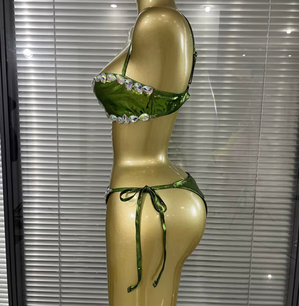 Women Sexy Shiny Rhinestone Green Bikini Swimsuit