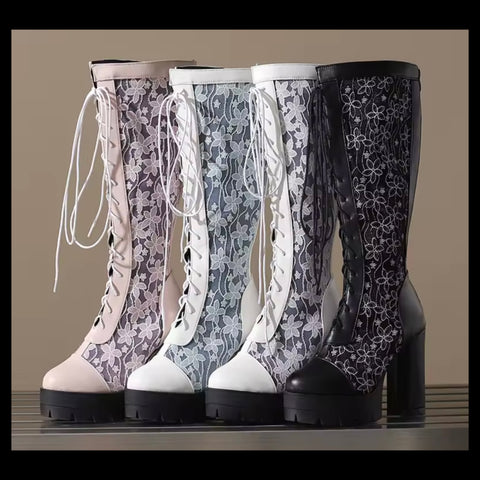 Women Fashion Color Floral Mesh Lace Up Platform Knee High Boots