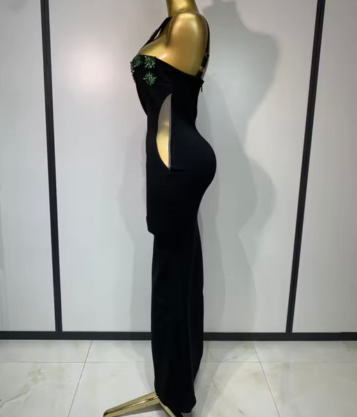 Women Sexy Black One Shoulder Green Floral Crystal Maxi Dress