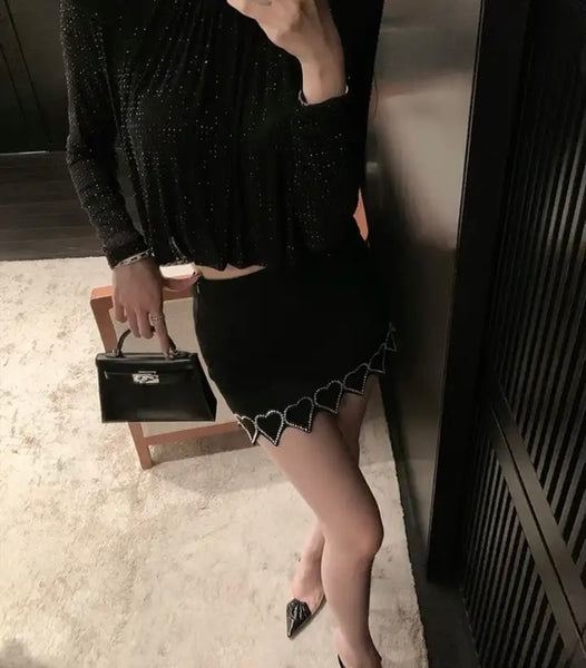Women Sexy Black Bling Heart Skirt