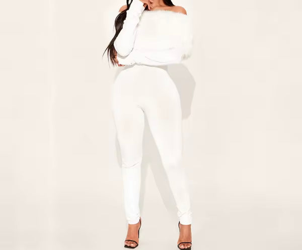Women Fur Off The Shoulder Full Sleeve Fashion Jumpsuit