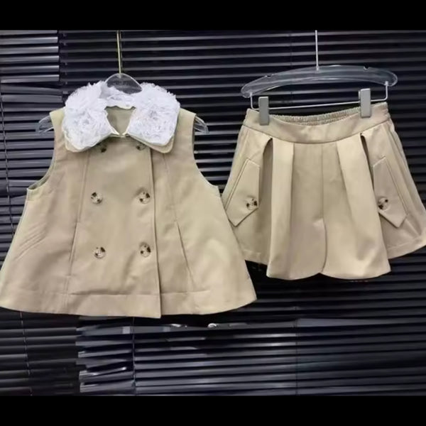 Women Lace Collar Sleeveless Button Up Two Piece Pleated Skirt Set