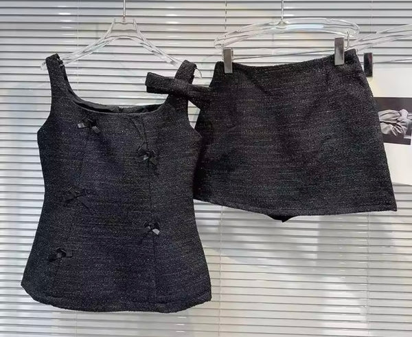 Women Black Bow Sleeveless Tweed Two Piece Skirt Set