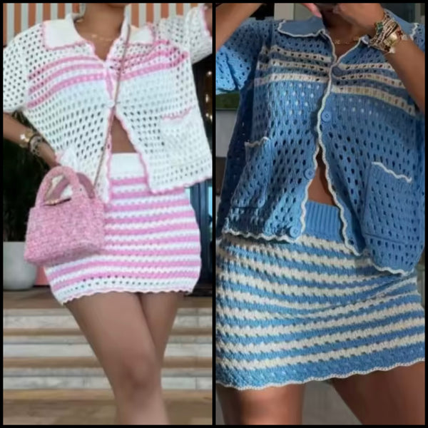 Women Sexy Short Sleeve Striped Knitted Two Piece Skirt Set