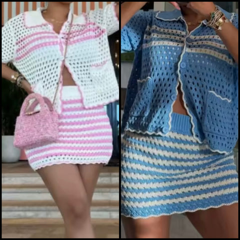 Women Sexy Short Sleeve Striped Knitted Two Piece Skirt Set