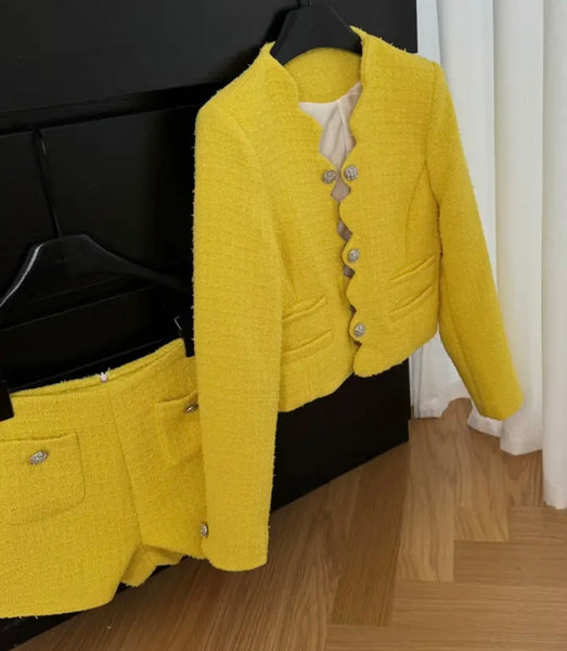 Women Fashion Yellow Tweed Button Up Blazer Two Piece Short Set