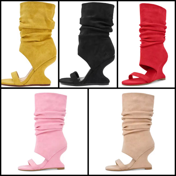 Women Fashion Open Toe Ruched Suede Wedge Mid Length Boots