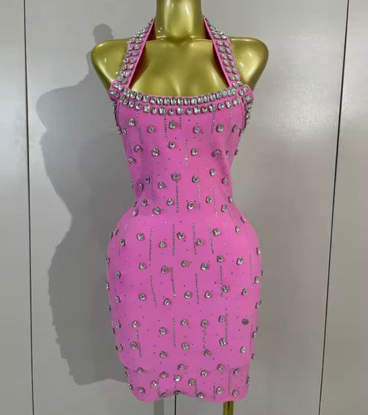 Women Sexy Halter Sleeveless Rhinestone Tassel Dress