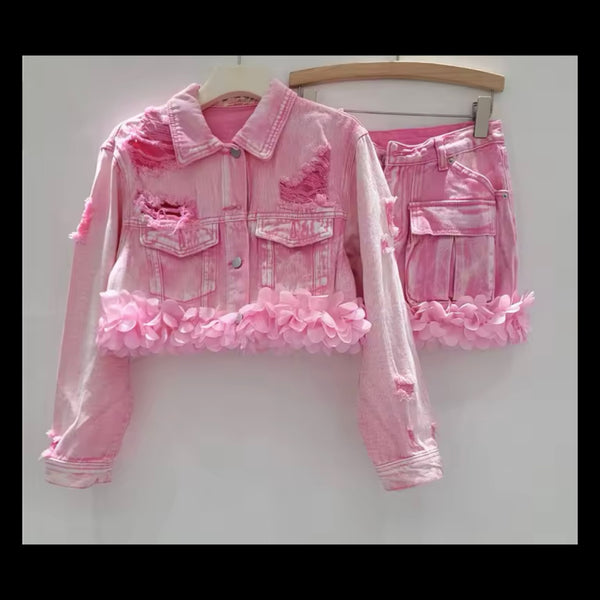 Women Fashion Pink Ripped 3D Floral Denim Jacket Two Piece Skirt Set