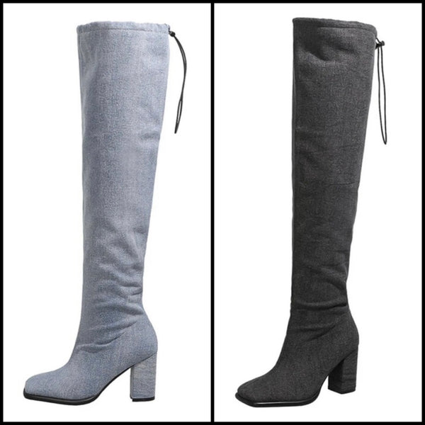 Women Denim Drawstring Fashion Square Heel Boots