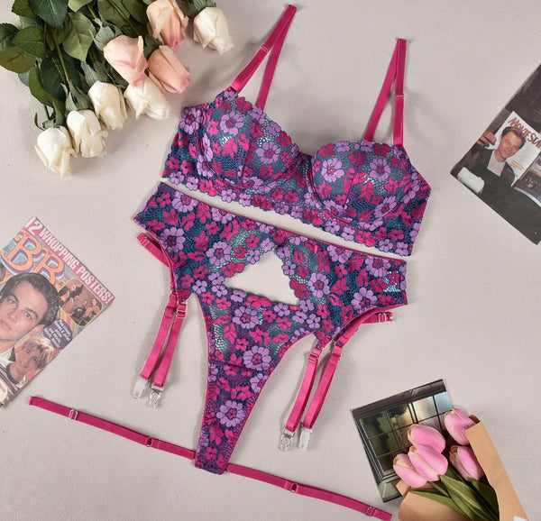 Women Pink Floral Sexy Lingerie Set
