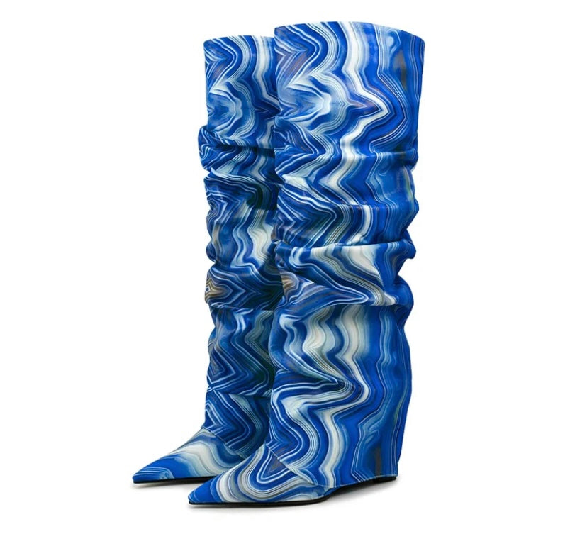 Women Fashion Color Printed Ruched Wedge Platform Boots