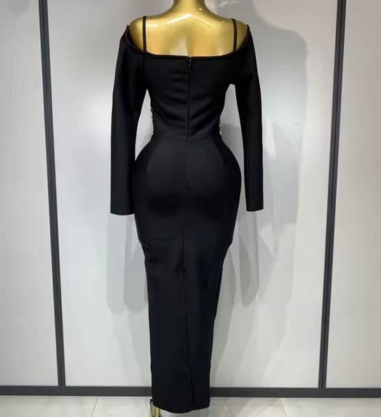 Women Sexy Black Sequins Patchwork Full Sleeve Maxi Dress