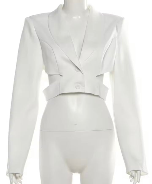 Women White Button Up Full Sleeve Cut Out Crop Blazer Top